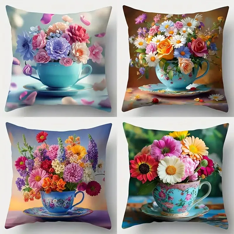 tea cup with floral design digital printing pillow cover Short plush Suitable living rooms bedrooms sofas throw cushion cover