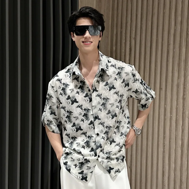 Retro Trendy Summer Ice Silk Fabric Men\'s Printed Turn Down Collar Versatile Middle Sleeve Loose Single Breasted Shirt Top