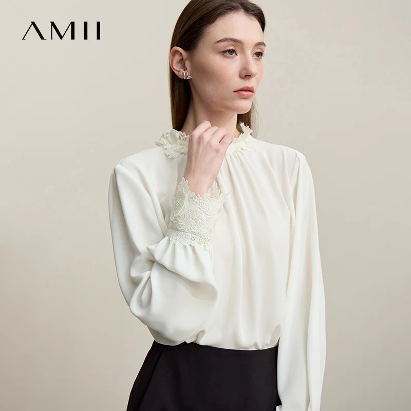

Amii Women's Blouse 2026 Spring New Elegant Commuter Lace Splicing Chiffon Shirt O-Neck Loose Pullover Tops For Woman 12621067