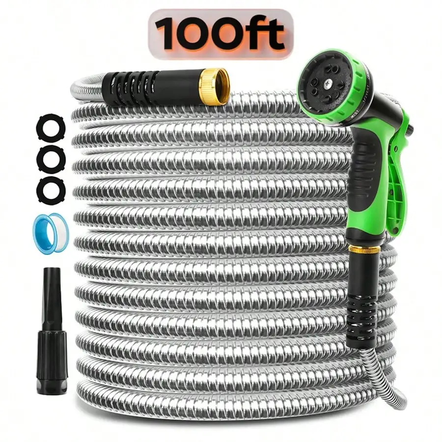 Stainless Steel Garden Water Hose, 50 100 Feet, Sprinklers 10 Nozzles Fittings, Flexible Kink Free Puncture Resistant, Outdoor