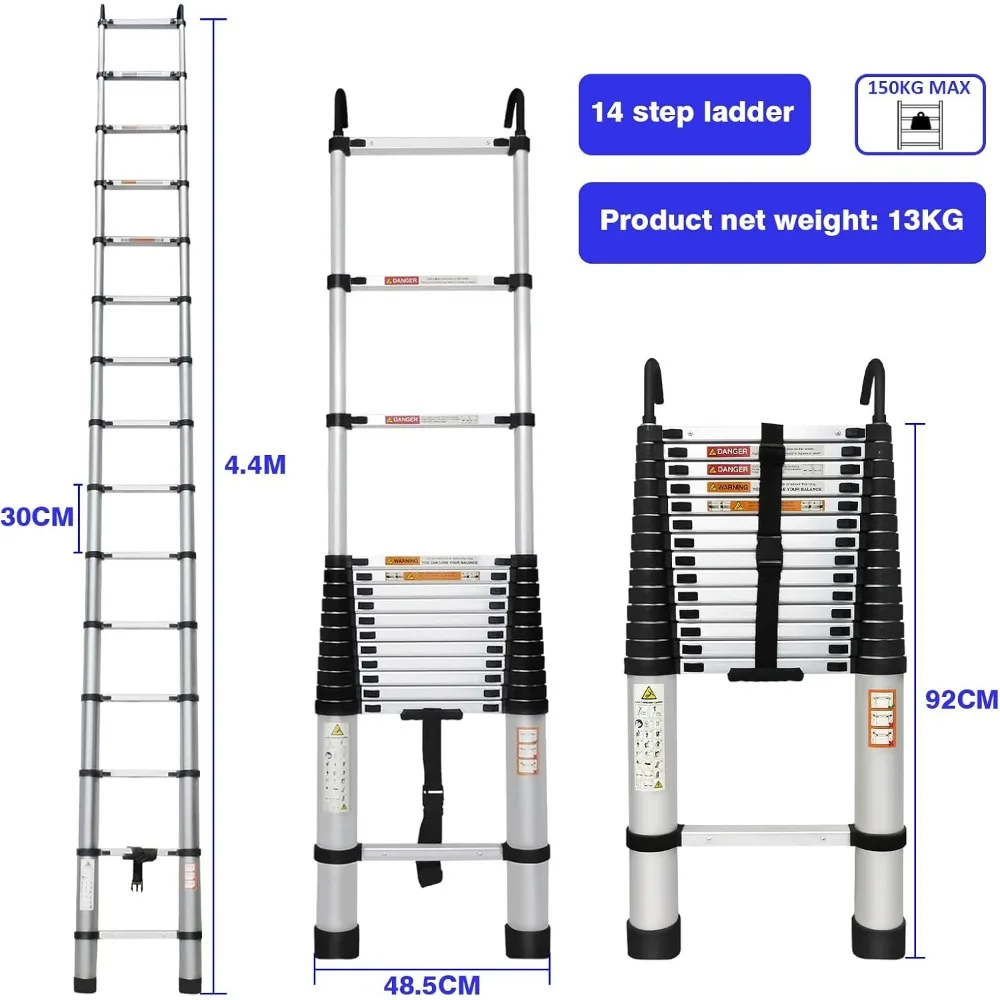 Aluminum Telescoping Ladder with Roof Hooks, 14FT Extension, Portable Collapsible, Detachable for Attic, RV, and Multi-Purpose U