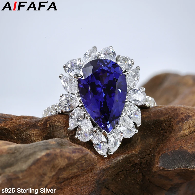 5.3ct Sapphire Gemstone s925 Sterling Silver Rings for Women Stunning Drop Water 5A Grade Big Stone Luxury Ring Fine Jewelry