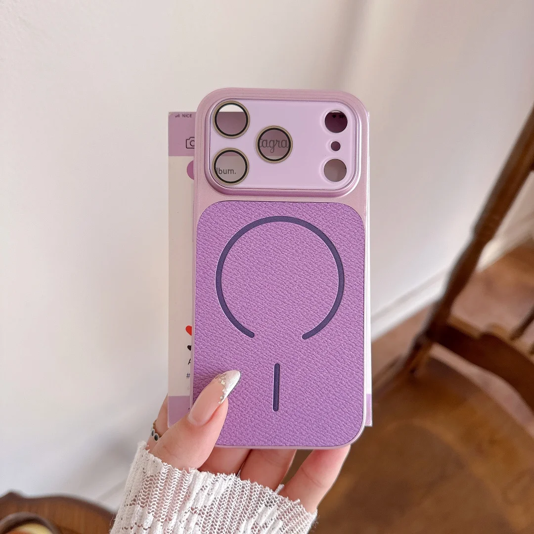 Capa de Couro Magnética de Luxo para Carregamento Sem Fio MagSafe para iPhone 17 Air 13 14 15 16 Pro Max com Protetor de Lente