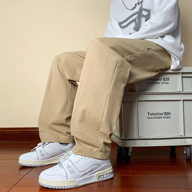 Oversized Casual Pants Men Breathable Cotton Drawstring Baggy Trousers Classic Straight Trousers Solid khaki Pants Male
