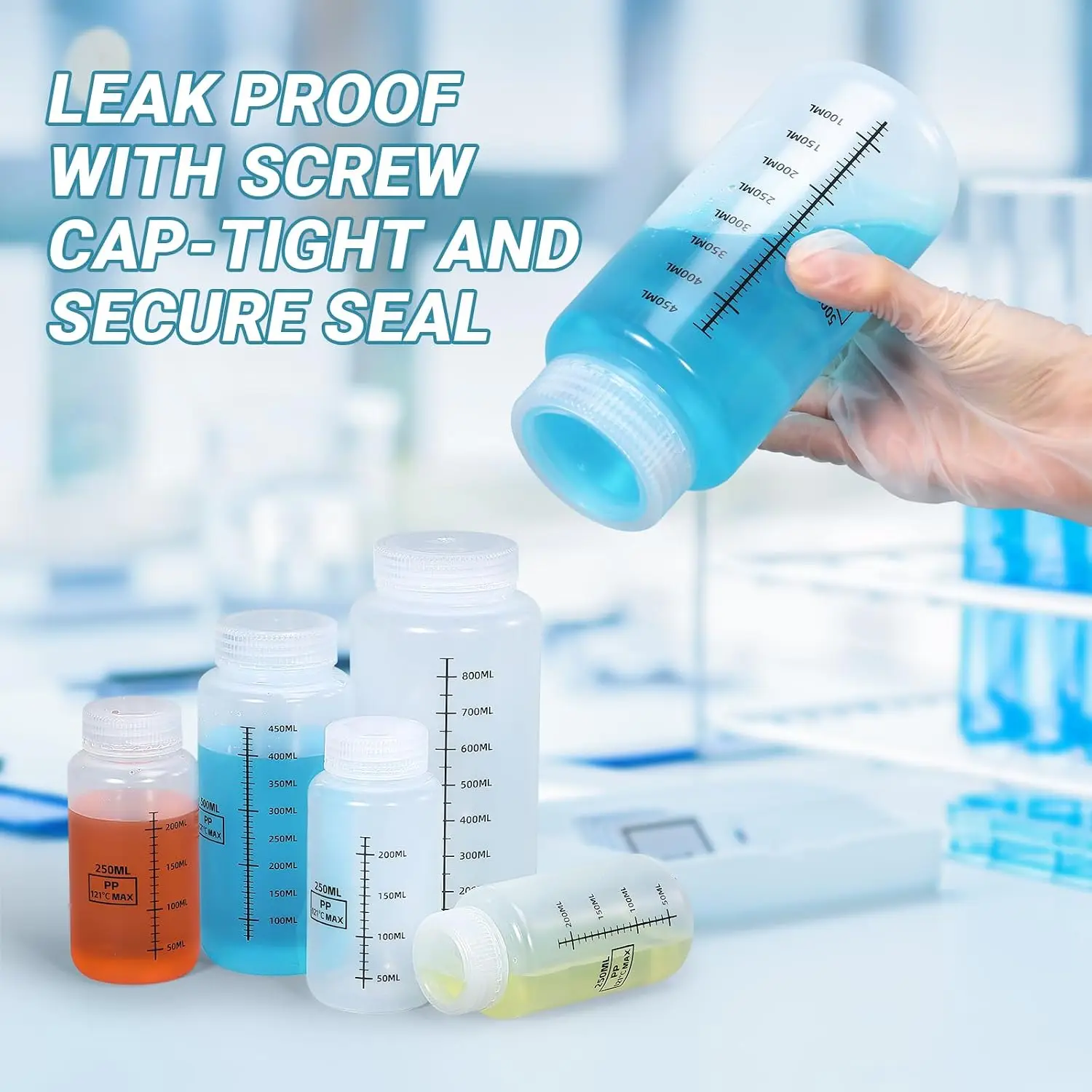 30ml-1000ml PP Wide Mouth Plastic Sample Bottles with Screw Lids Leakproof Graduated Liquid Containers for Lab Reagent Storage