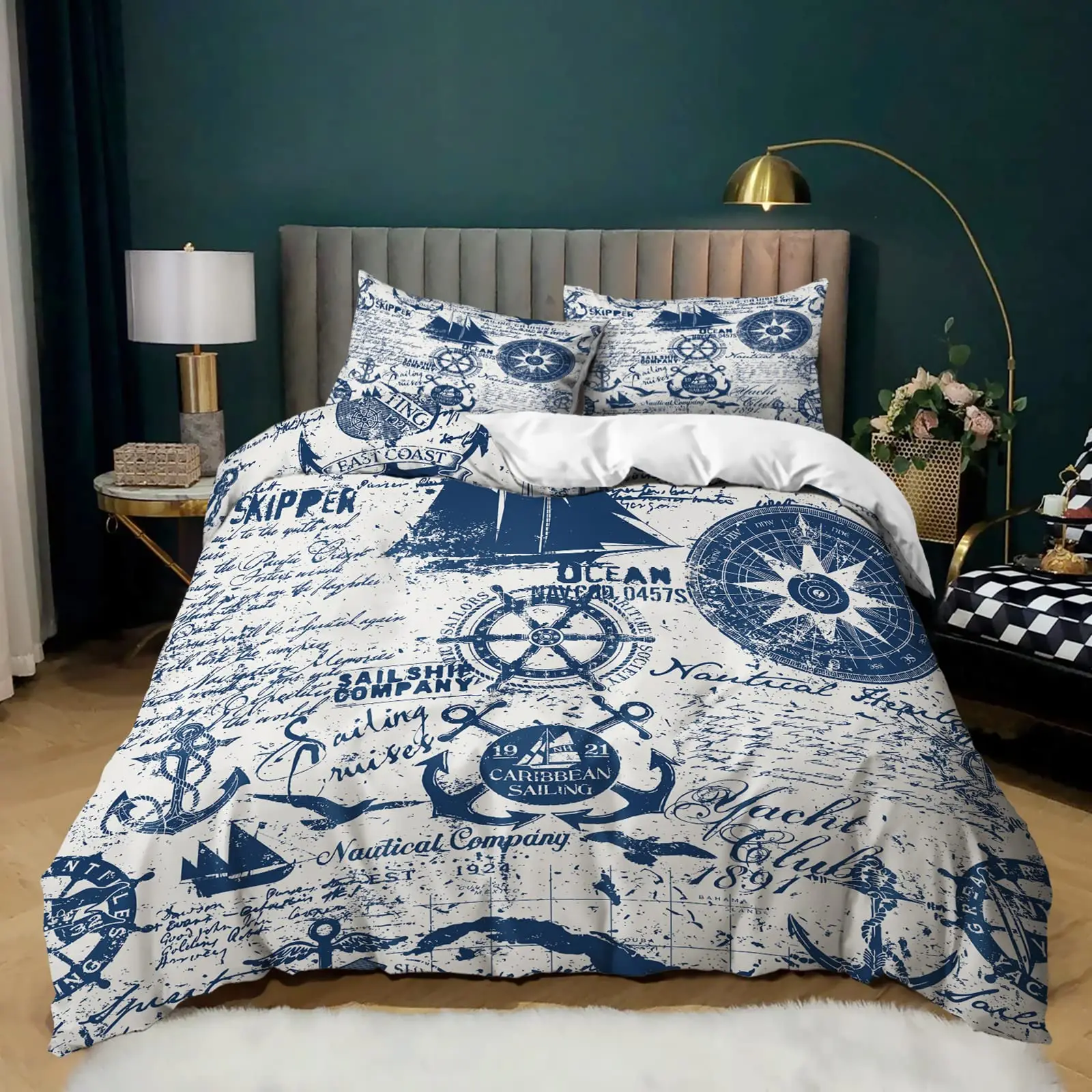 

Nautical Bedding Set Full Size, Sailing Anchor Bed for Boys Teens,Ocea Comforter Cover Soft,Duvet Quilt Cover with 2 Pillowcases