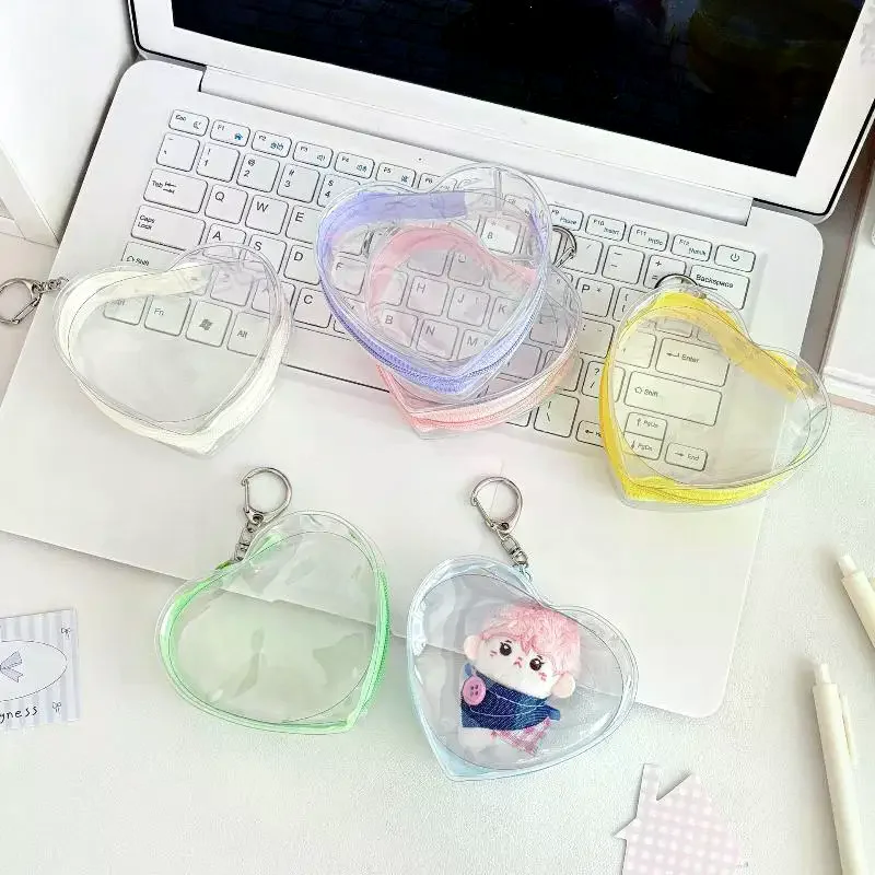 Portable Colorful Heart Transparent Zipper PVC Storage Bag Kaychain Plush Dolls Protector Case Earphone Data Wire Coin Pouch