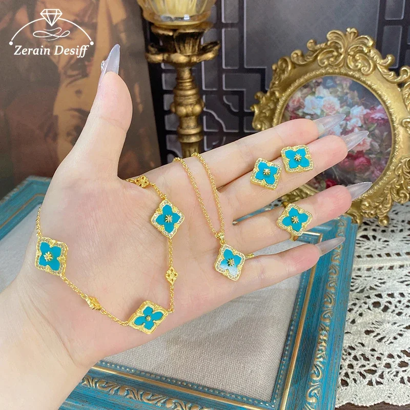 

Retro Palace Style Blue Green Turquoise Four-leaf Clover Bracelet Necklace Ring Earrings Jewelry Set for Women