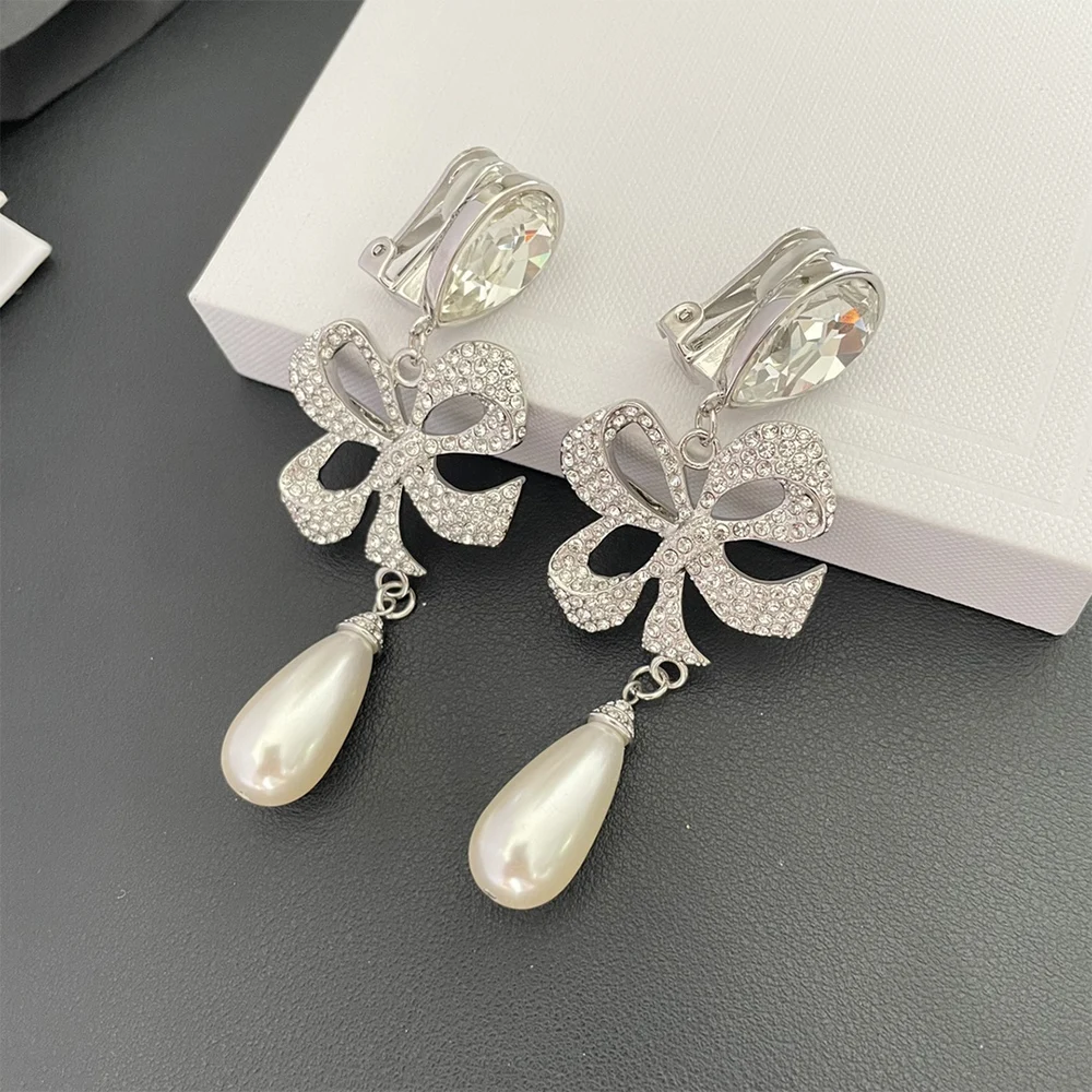 To Reines 2024 Europe Fashion Designer Luxury Crystal Pearl Bow Ear Clip Earrings Women Hight Quality Luxury Jewelry