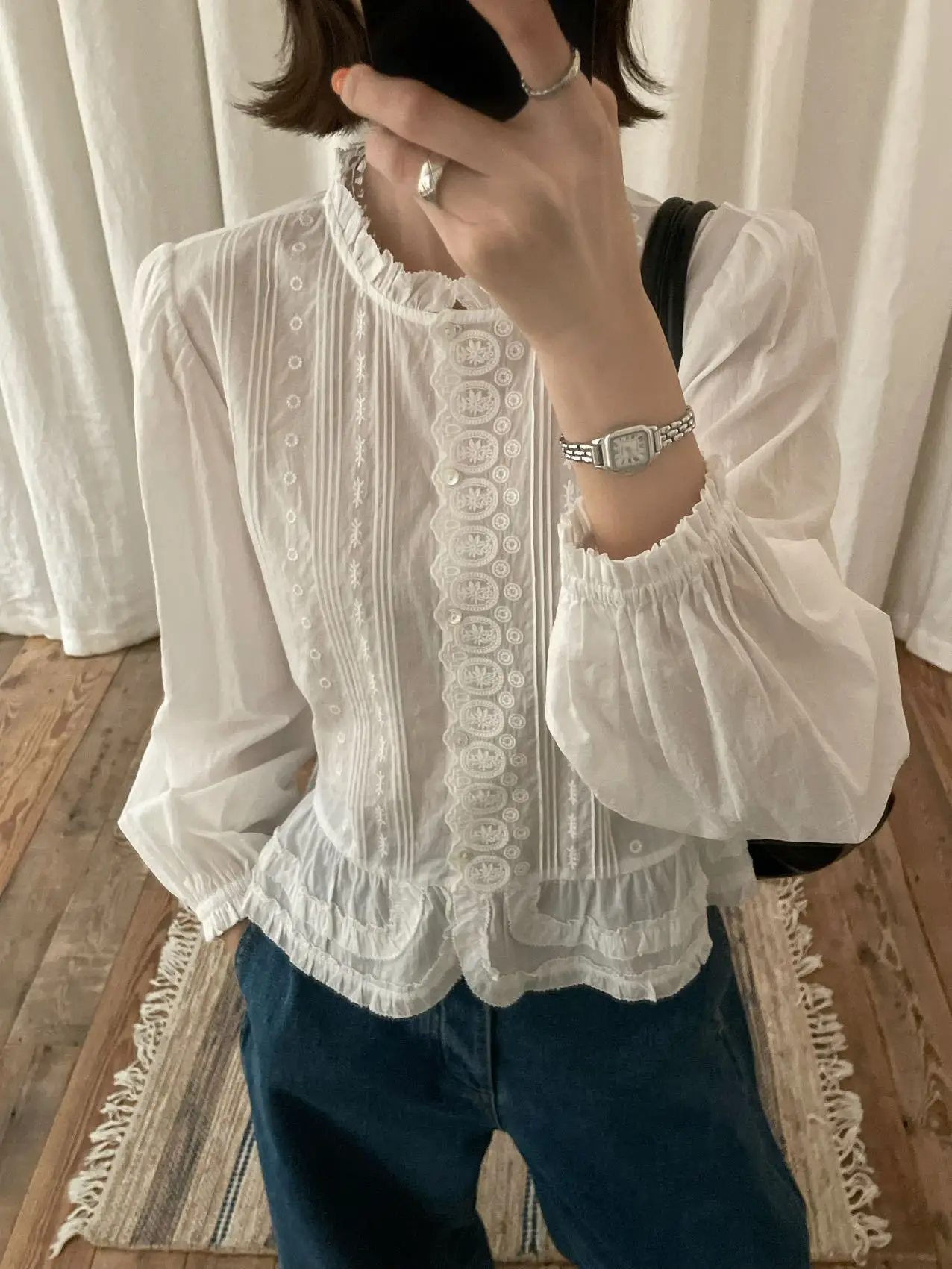 

Lilian Long Sleeve Embroidered Shirt Women's Elegant Versatile Premium Quality Breathable Comfortable round Neck Button up
