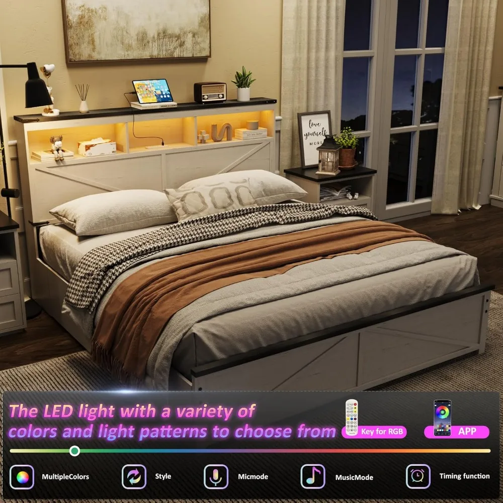 Estrutura de cama queen size com cabeceira de armazenamento de 3 camadas, estrutura de cama de plataforma de metal com estação de carregamento, luzes LED, 4 gavetas de armazenamento