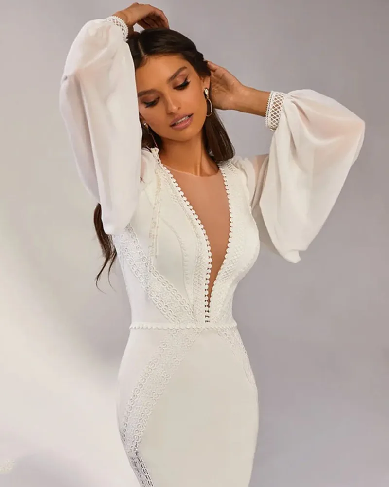 Robe de Mariée Sirène Élégante à Col en V Profond, Sexy, Manches sulfen Mousseline de Soie, avec Traîne, Dos aux, 2023