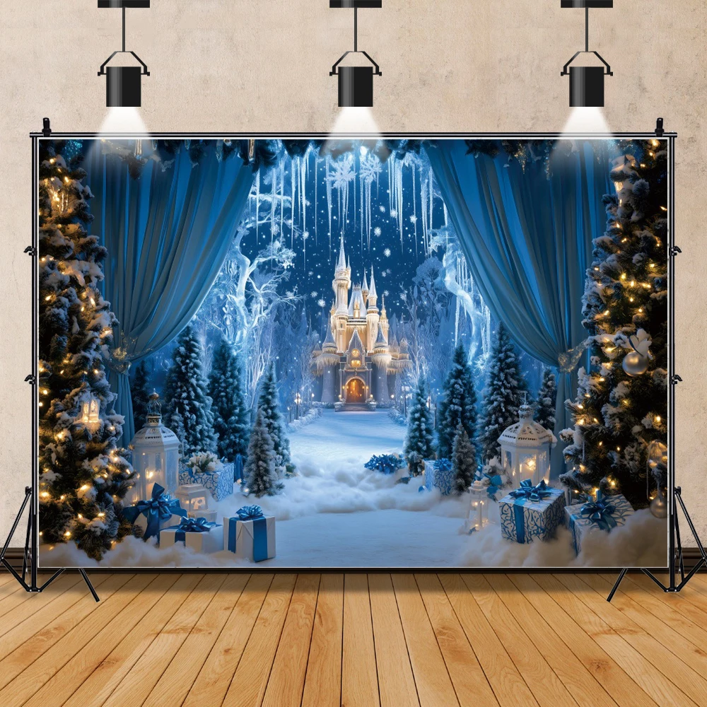 Winter Castle Background Christmas Gift Snowy Xmas Tree Princess Palace Birthday Party Photography Backdrop Photo Studio Props