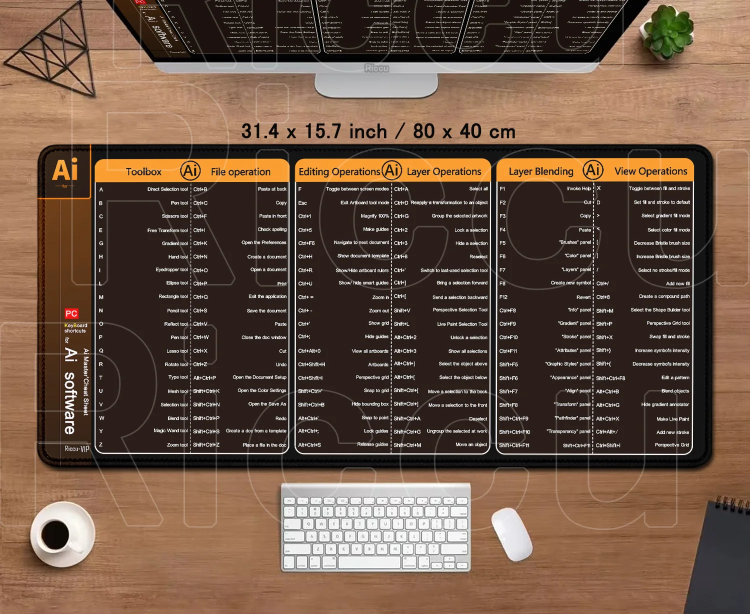 

Ai Office Shortcuts Mouse Pad 80x40cm Large Size Extended Keyboard Mousepad Xxl Gamer Desk Mat Stitched Edge Non-Slip Rubber Rug