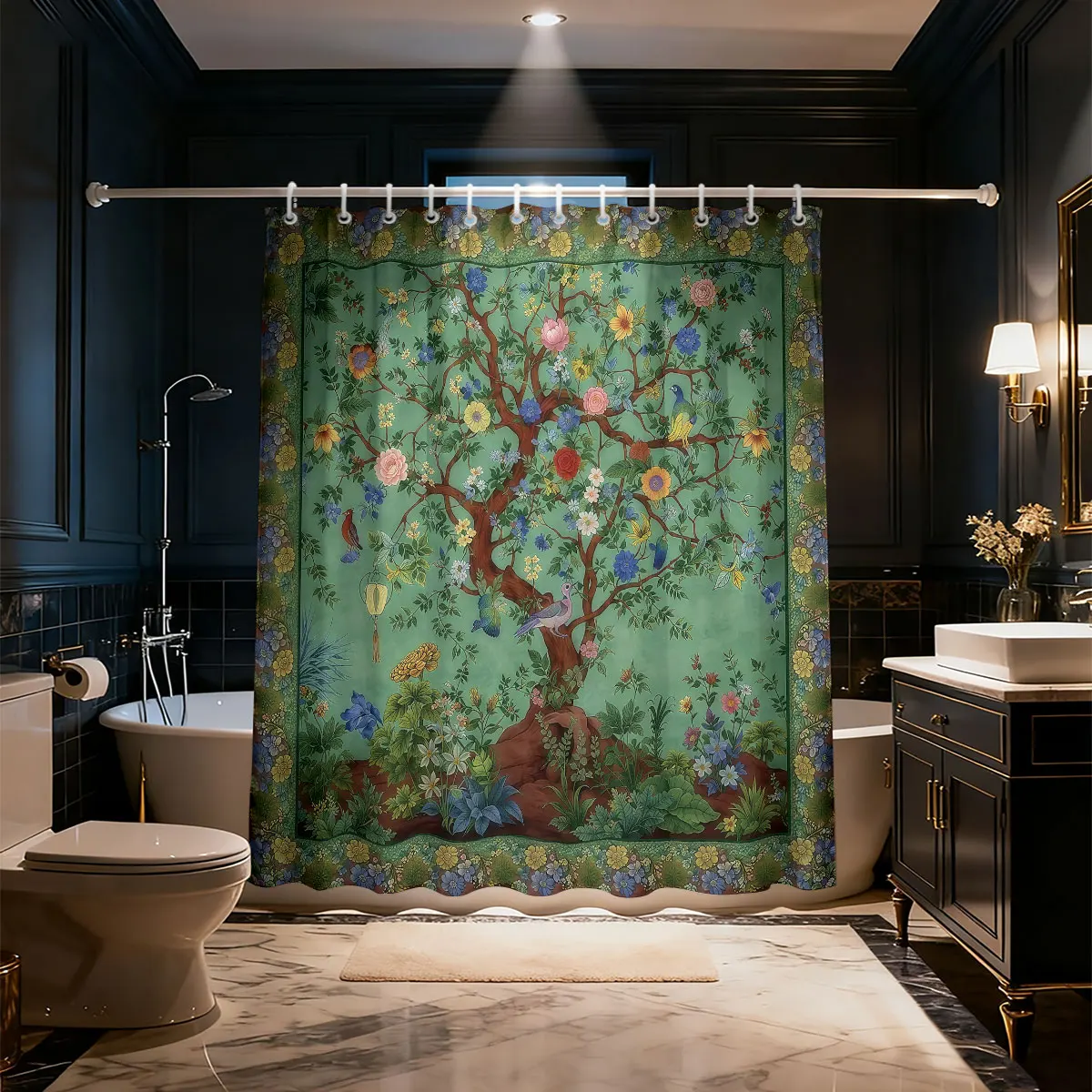 Tree Of Life Shower Curtain Colorful Floral Birds Print Waterproof Fabric Boho Bathroom Decor With Hooks