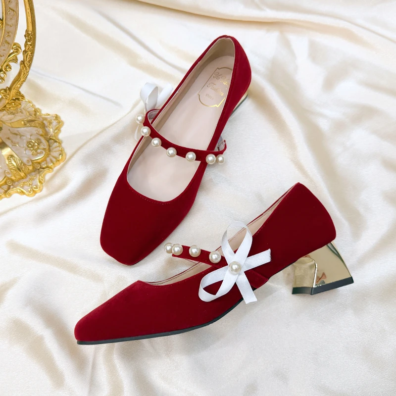 

Красивые женские новые универсальные свадебные туфли Мэри Джейн на высоком каблуке с жемчужным темпераментом из шелка и атласа