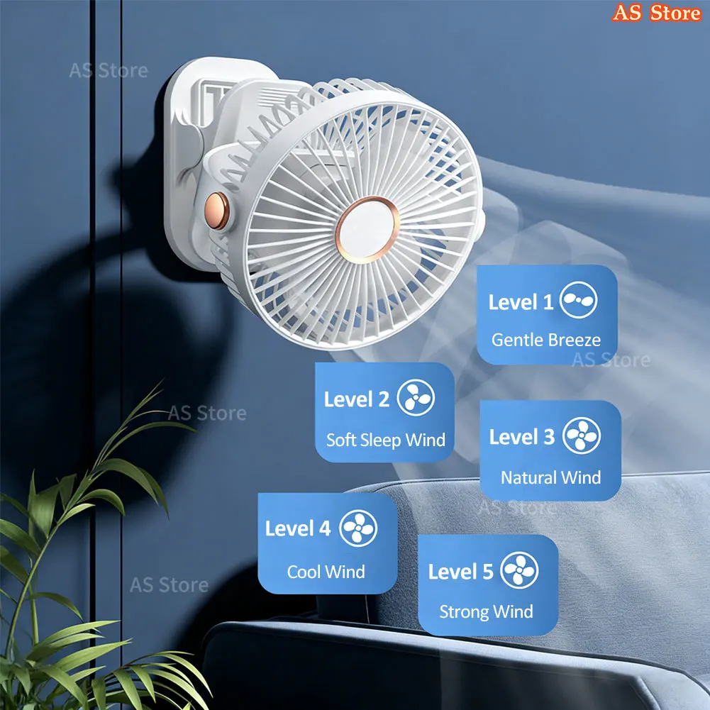 Kleiner Ventilator, 5-stufig einstellbar & 3-Modus-Nachtlicht, USB-aufladbarer Mini-Ventilator für den Außenbereich 180 °   Drehbares Clip-/Ständer-/Hängedesign