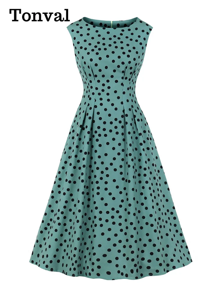 Tonval Vintage Polka Dot High Waist Slim Midi Dresses Women Sleeveless O-Neck Pockets Summer Casual Elegant Dress