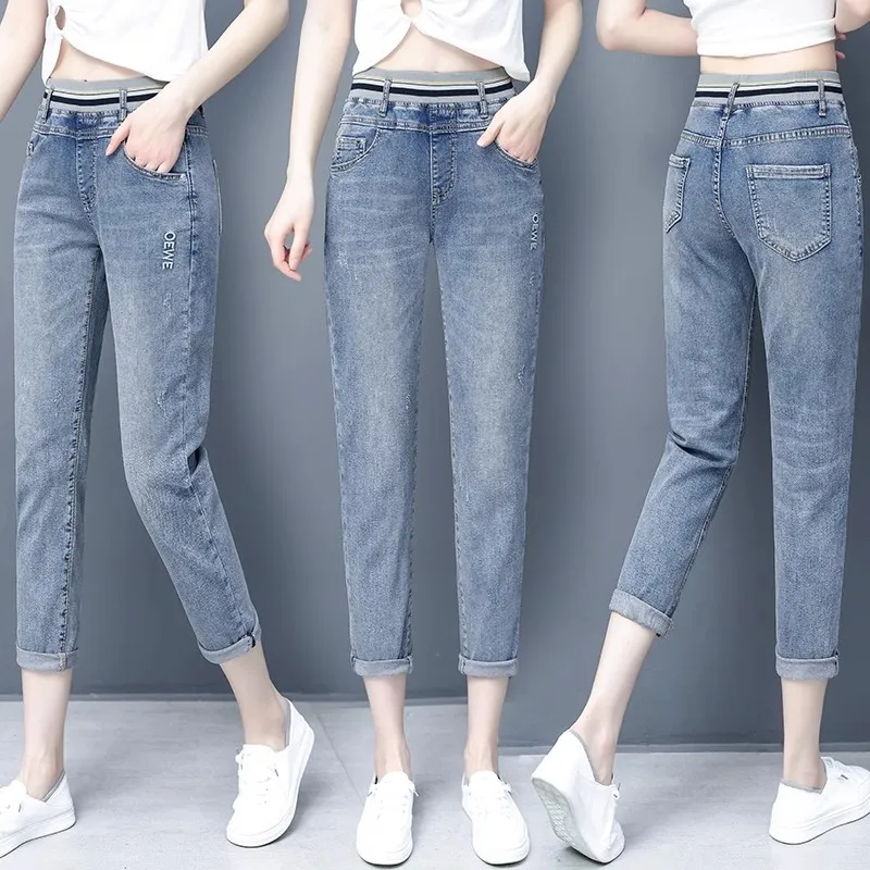 

Женские летние новые светло-голубые облегающие джинсы-шаровары с высокой талией, восемнадцать orts, повседневные свободные джинсовые джинсы с эластичной резинкой на талии