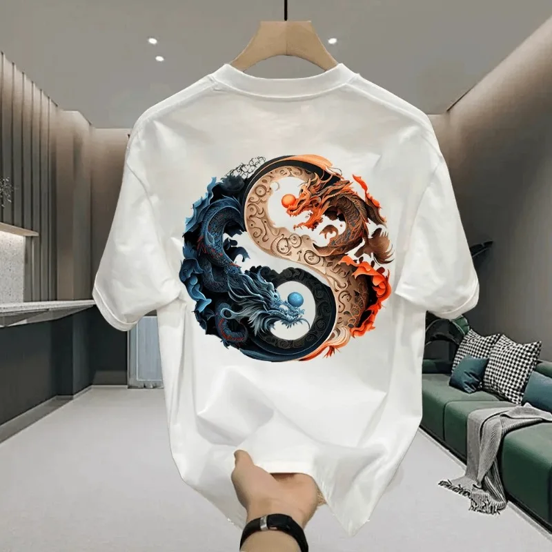 

Мужские хлопковые футболки белого цвета 5XL, повседневные летние футболки с китайским принтом Лун, черные мужские модные футболки