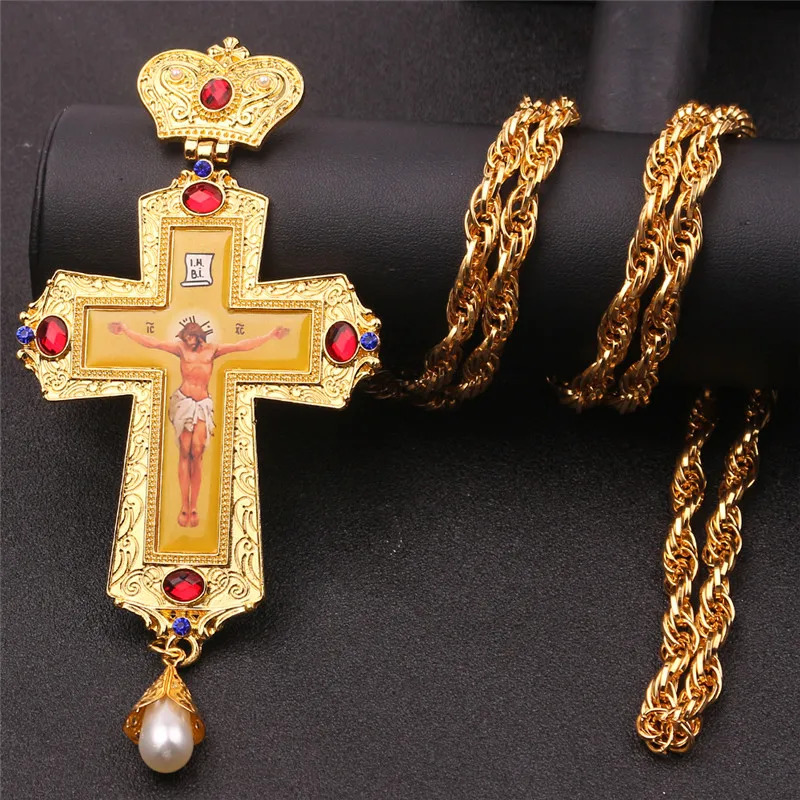 Pendant Necklace Gold Pectoral Cross Crucifix Clear Crystal for Virgin Mary Prayer Jesus Necklace Chain Religious Orthodox icon