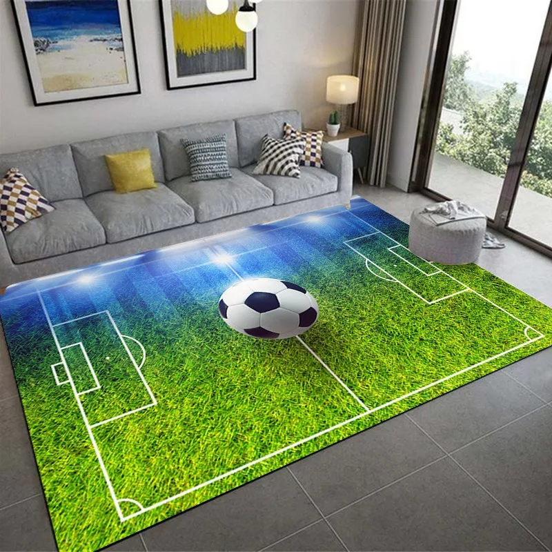 Sports Theme Rugs Soccer Field Football Basketball Pattern with Gray Sofa Yellow Pillows Floor Lamp Living Room Decor