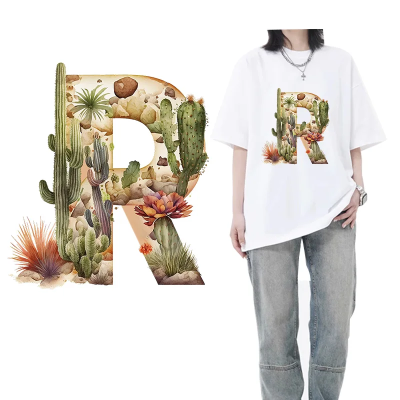 Visual design of Desert Cactus A-Z alphabet iron on transfer for clothing dtf transfers ready to press Heat Transfer Printing