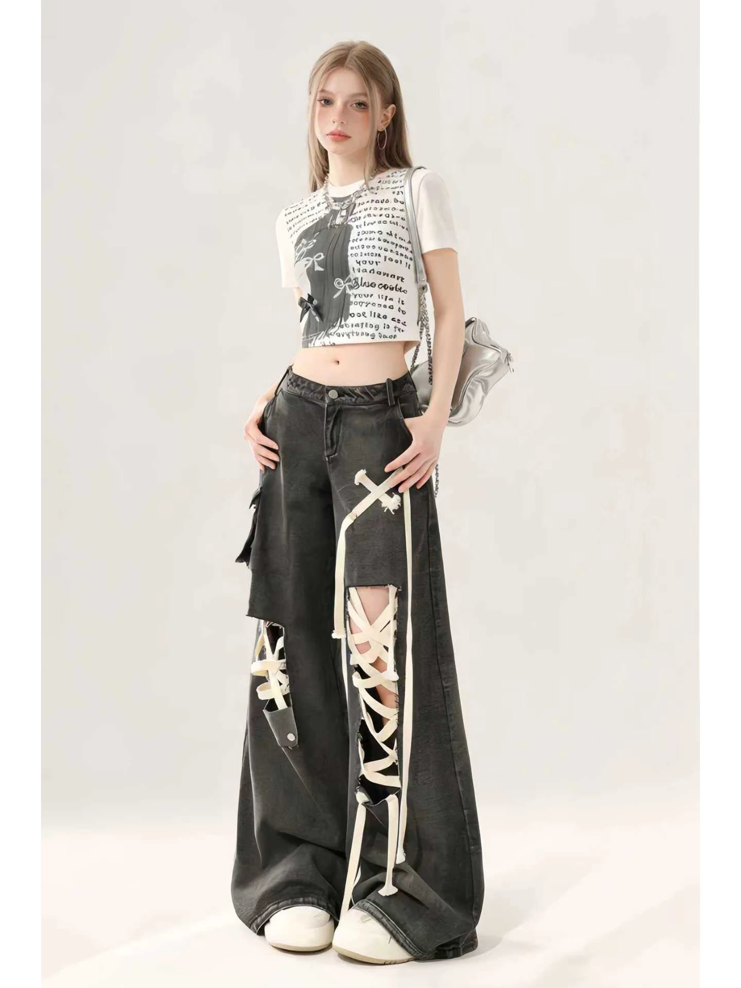 

Женские черные готические джинсы в стиле Y2K с рваными элементами, широкие, в стиле Japandi, винтажные, оверсайз, на шнуровке, в стиле Харадзюку, свободные джинсовые брюки