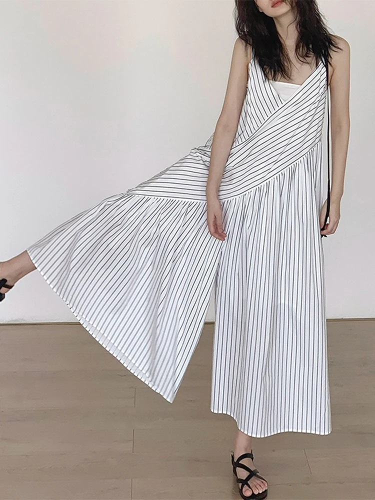 

Casual Wide Leg Jumpsuit Lazy Sle Striped Women's Summer Loose Slimming Suit Cotton Blend Long Pants