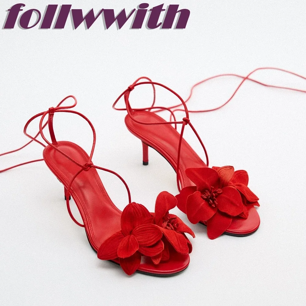 

Ladies Solid Red Flowers Sandals Lace Up Unique Sexy Sandals Cross Tied Stiletto Heel Party 2025 New Arrival Summer Woman Shoes
