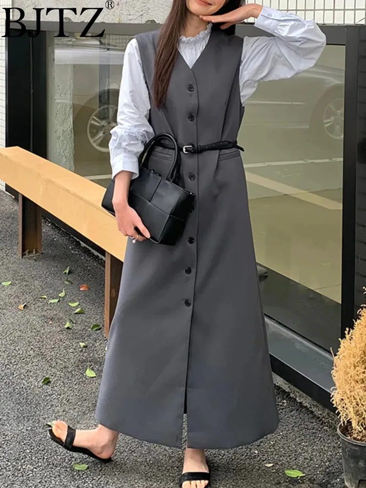 

BJTZ Spring New Style Office Lady Single Breasted Sleeveless Suit Vest Dress With Belt For Women 2024 Spring Summer New HL612