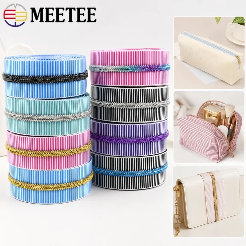 5M/10M/20M 5# Nylon Continuous Zipper Tape Striped Decorative Zip for Bags Pouches Cosmetic Cases Cut to Length Apparel Repair