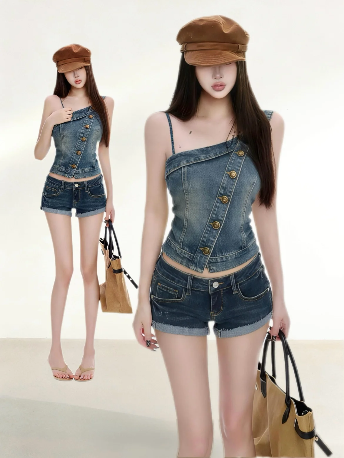 

Sexy Low Waist Denim Strap Vest And Short Set Asymmetric Design Elegant Style Summer Casual Wear for Young Women