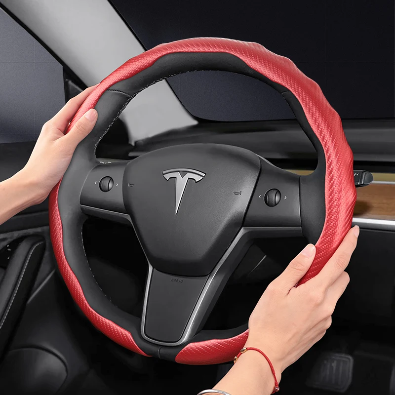 Convient au volant Tesla Premium Texture fibre de carbone avec étui de protection de conception sportive en forme d'onde encliquetable pour le modèle 3 Y S X et autres modèles, disponible en rouge, noir, blanc, moka, g