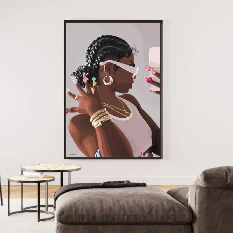Hip Hop Black Girl Gold Jewelry Poster Print Beautiful Woman Hair Canvas Painting Afro Wall Art for Club Living Room Home Decor view 3