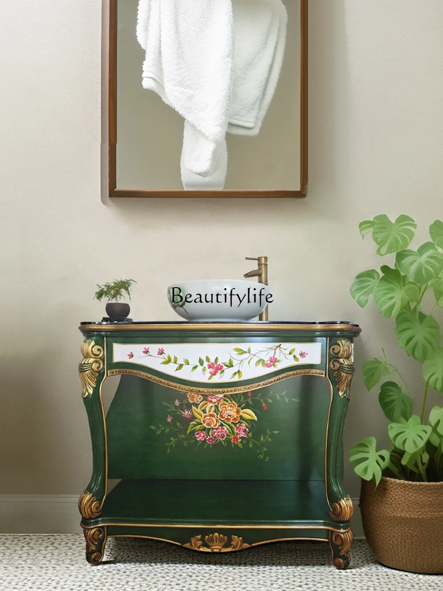 

FG40American Country Solid Wood Floor Cabinet Idyllic Hand Painted Emerald