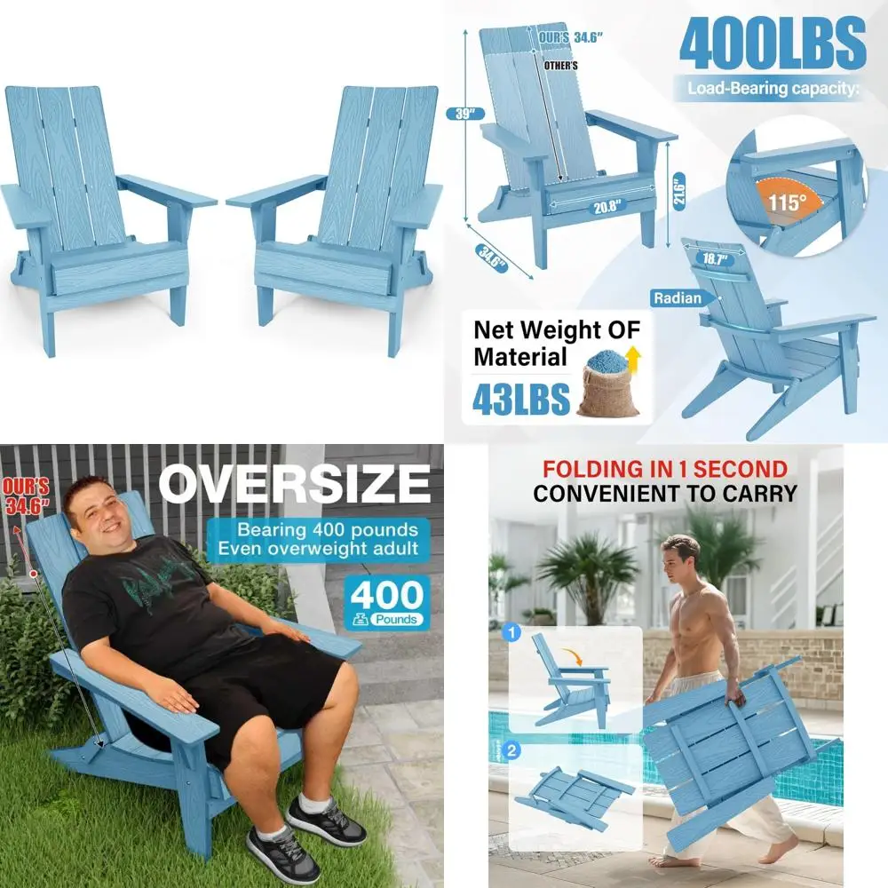 

YEFU Set of 2 Oversized Folding Adirondack Chairs - 400lb Capacity - Plastic with High Back, Similar to Wooden
