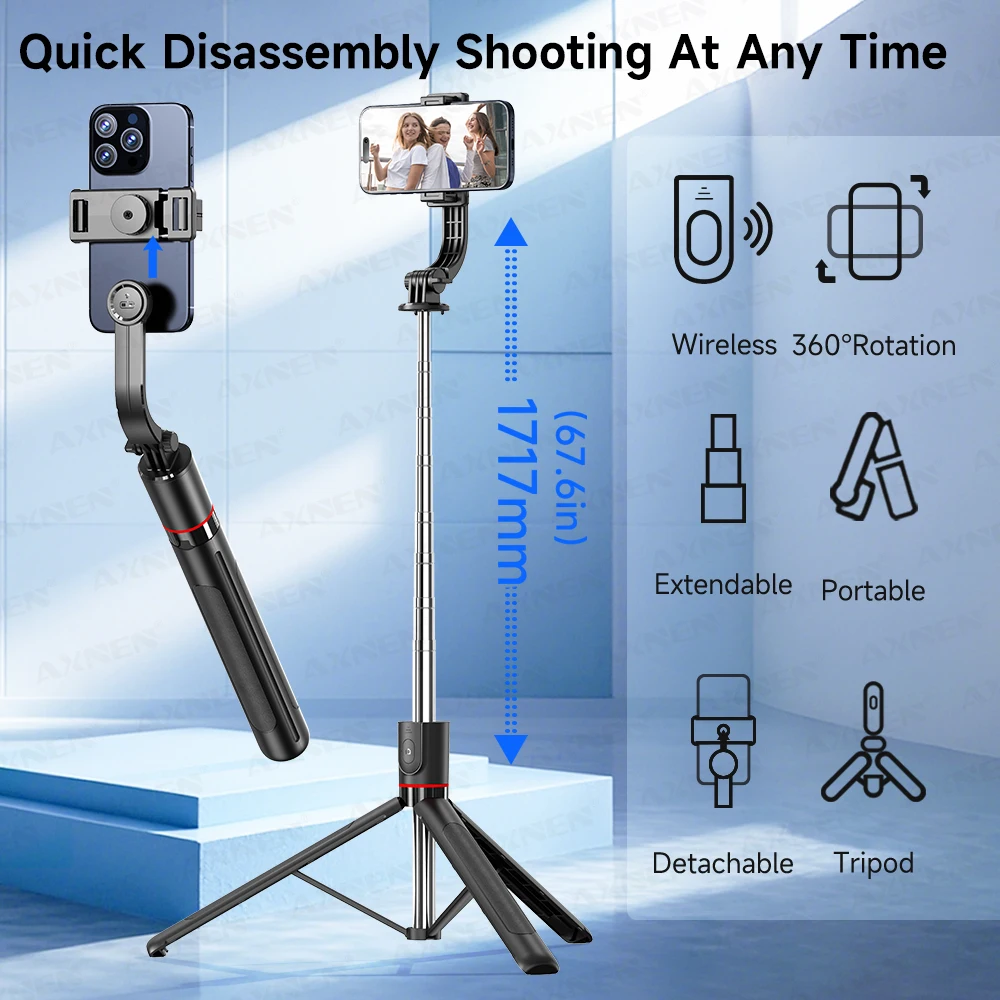 F15 Selfie Stick Tripod with Bluetooth Remote, 6-Section Extendable Pole, 360° Rotation, Fill Light Option, for Phone Vlog