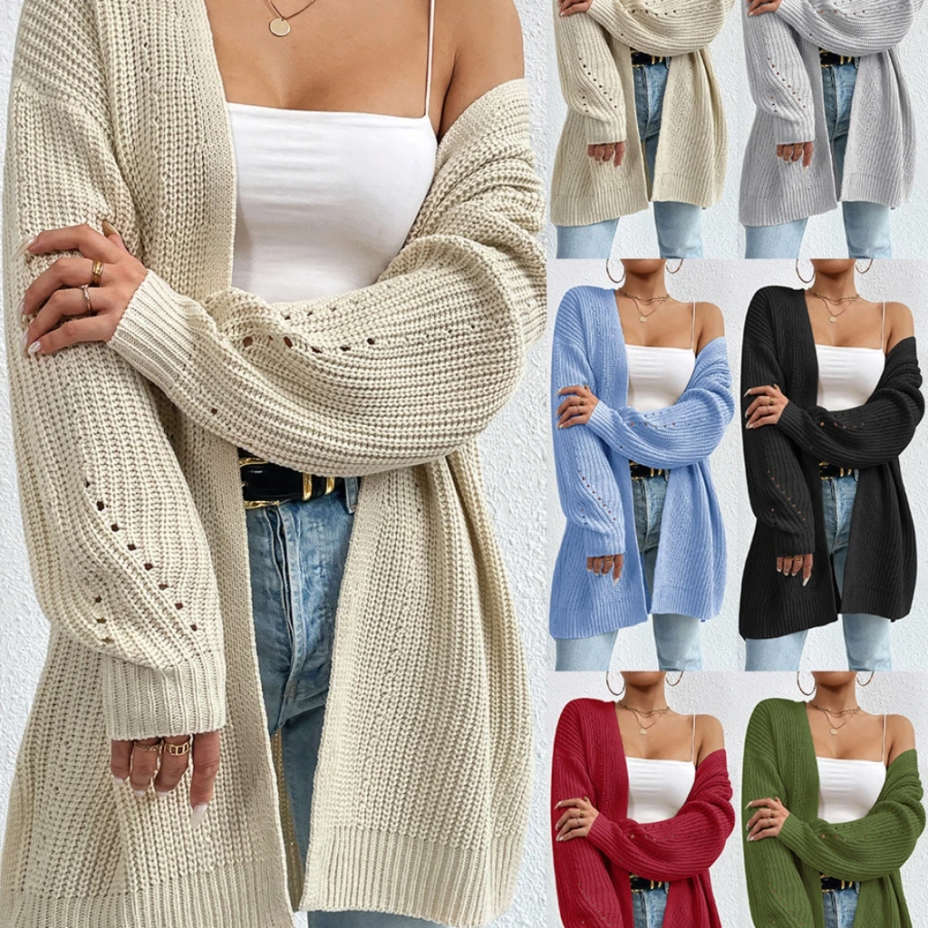

Women's V-Neck Knitted Cardigan Loose Fit Mid-Length Sweater Coat Solid Color Autumn Winter Fashion European American Style