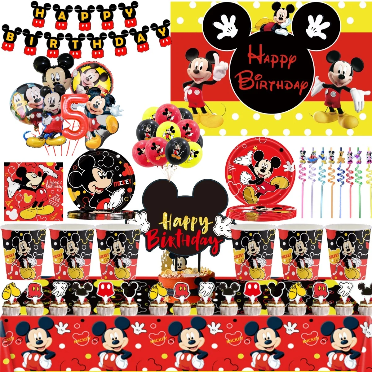 

Mickey Mouse Birthday Party Tablecloth DisposableTableware Plate Balloon Napkin Balloon Baby Shower Kids Favor Party Supplies