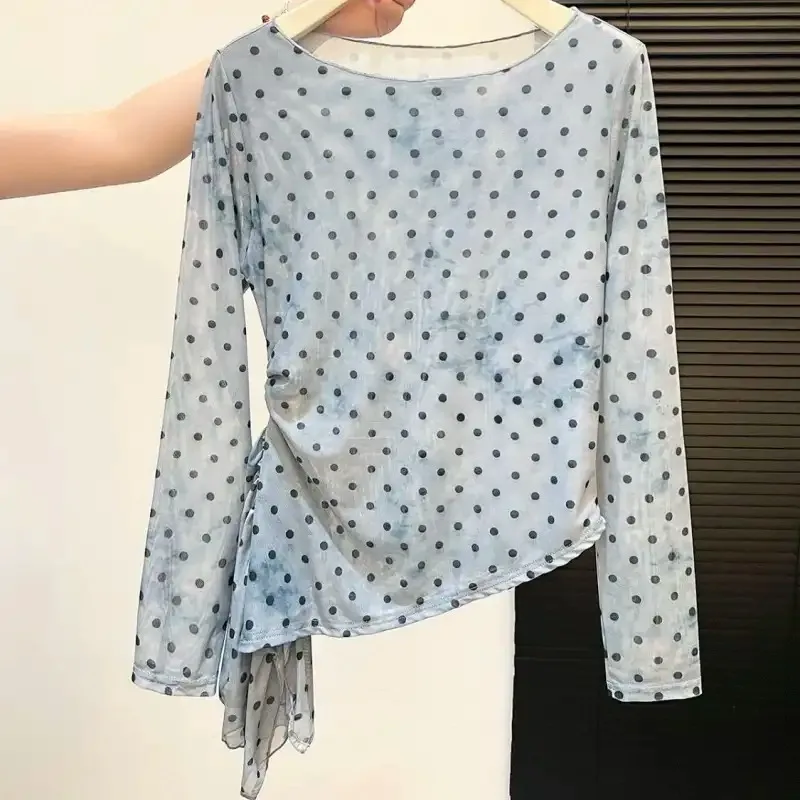Roupas femininas estampa de bolinhas manchadas manga comprida malha de camada dupla top início do outono camiseta de emenda irregular