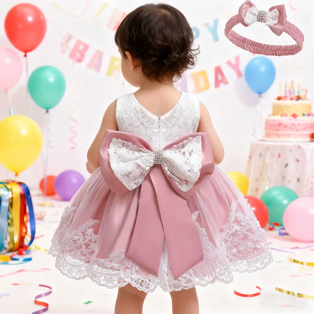 1st Birthday Girl Princess Dress Baby Clothes Infant Dress Gown Christmas Girls Party Dresses Toddler Bowknot Lace Evening Dress