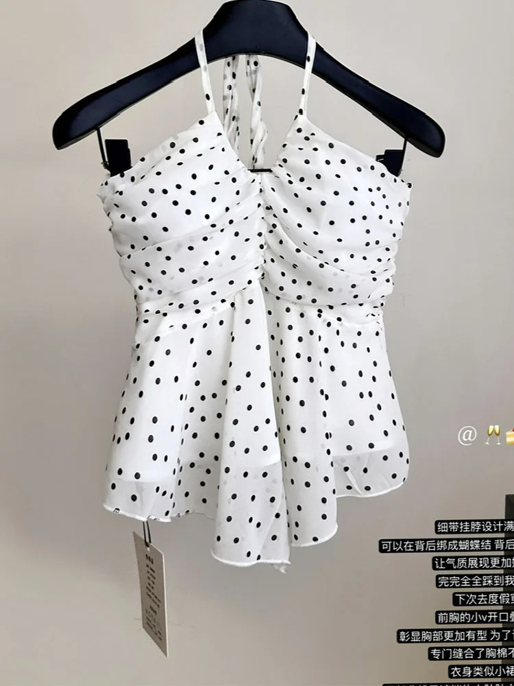 Fashion Simple Polka Dot Design Tank Tops Clubwear Beige Gyaru Vest Mori Girl Streetwear Beach Halter Top Spring Summer Coquette