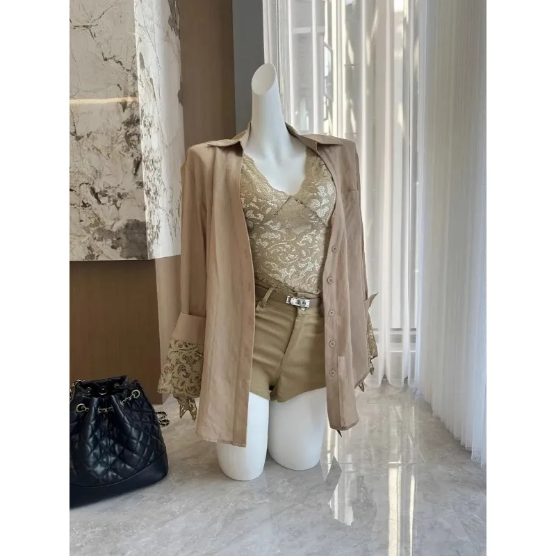 

Women's Khaki Faux Two-Piece Blouse With Lace Trim And Asymmetric Hem For Casual Daily Wear