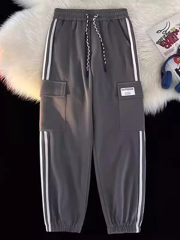 

Мужские рабочие брюки большого размера с большими карманами, свободного кроя, летние повседневные брюки в полоску, прямые брюки с высокой талией