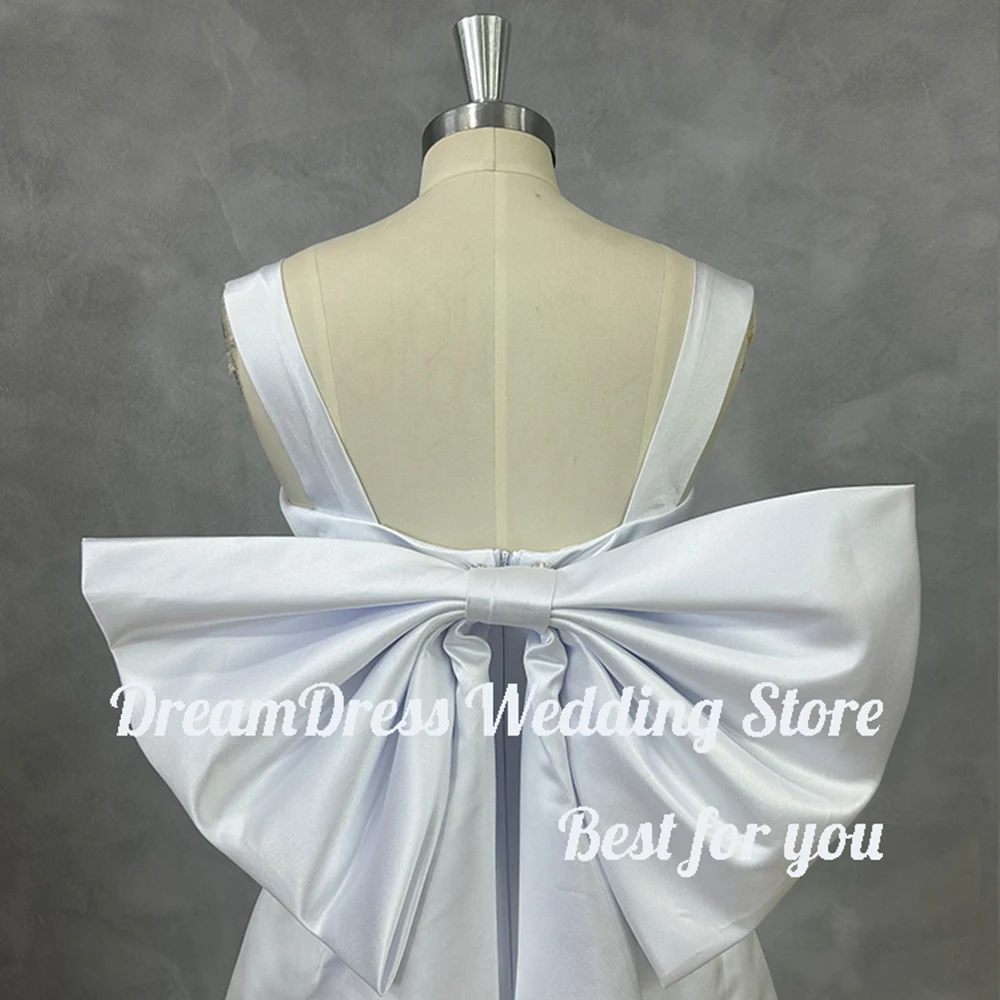 DREAM Customized Simple Straps Square Collar Satin Short Wedding Dress Backless Mini Above Knee Bridal Detachable Bow Gown 2024