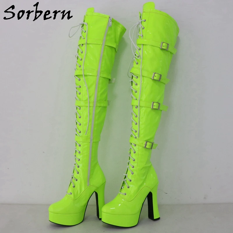 Sorbern Custom Neon Green Mid Thigh Boot Women Chuk 12Cm Spool Heel Platform Lace Up Goth Punk Cosplay Fetish Boot Multi Color