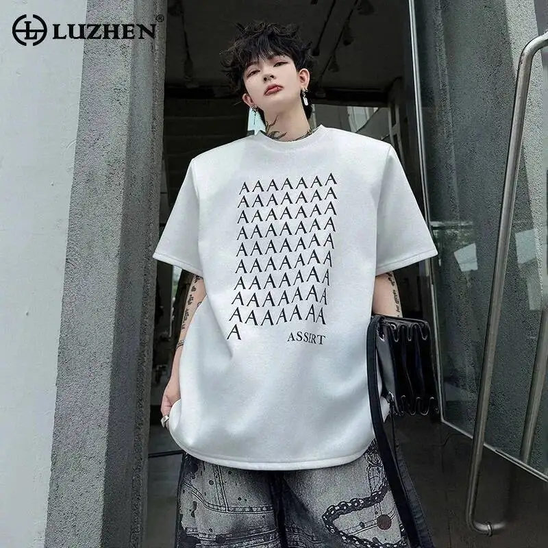 

LUZHEN 2026 Summer Letter Printed Shoulder Pad Short Sleeve T-shirts Men's Fashion Street Loose Round Neck Male Clothes JY6935