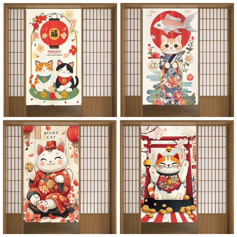 Japanese Lucky Cat Door Curtains Izakaya Dining Room Partition Linen Doorway Curtains Kitchen Entrance Split Velcro Half Curtain