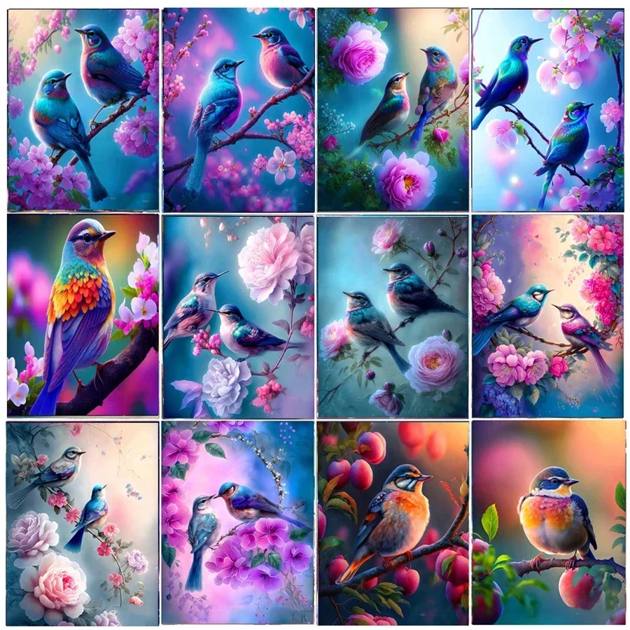 5D Diy Diamond Mosaic Pink Flowers and Birds Diamond Painting Rhinestone Picture Animal Magpie Embroidery Arts Wall Decoration